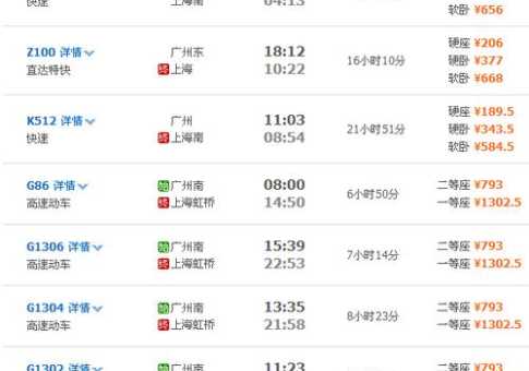上海到广州火车时刻表(怎么查询余票)